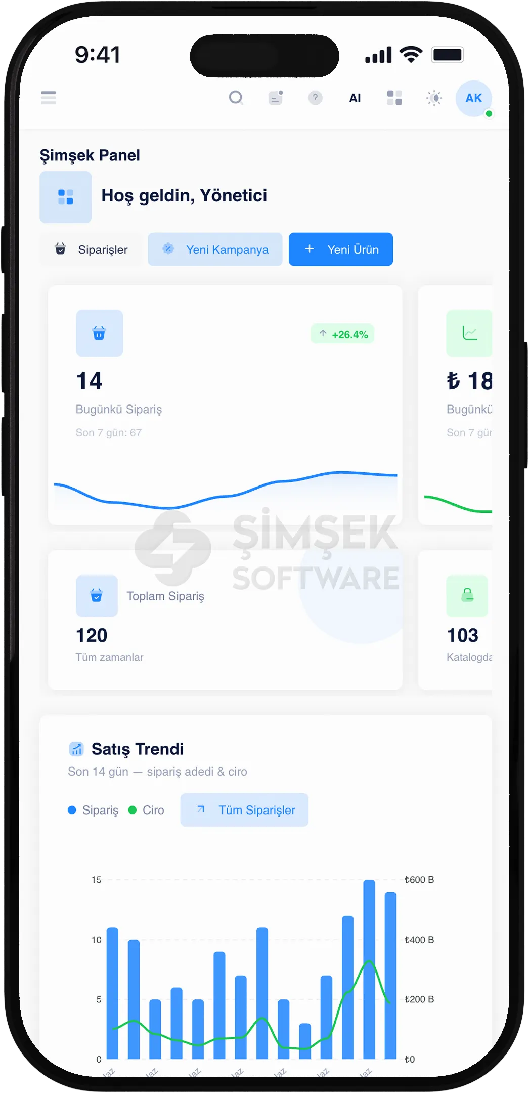 Şimşek Software mobil deneyimi — iPhone üzerinde vitrin görünümü