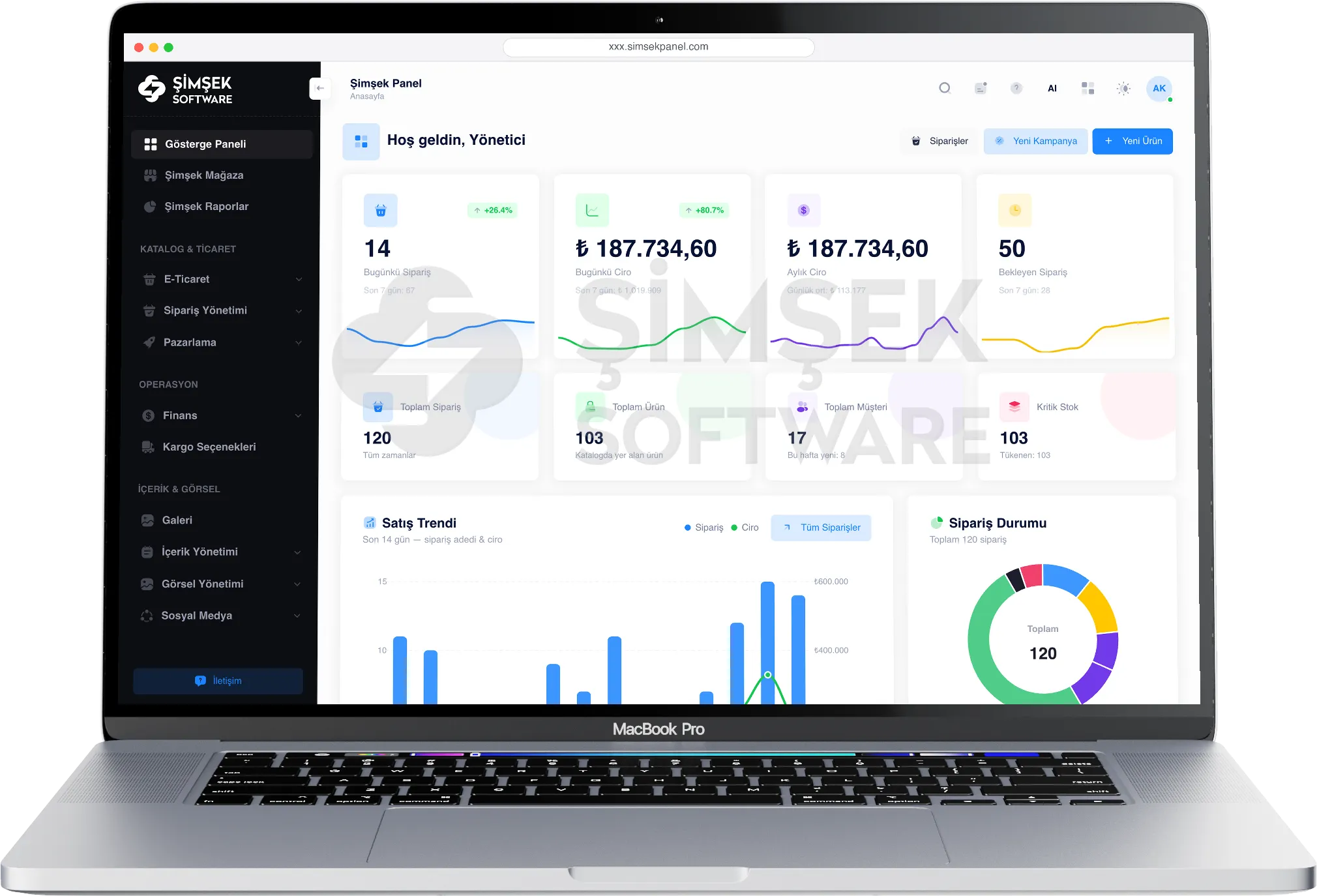 Şimşek Software masaüstü deneyimi — MacBook Pro üzerinde vitrin görünümü